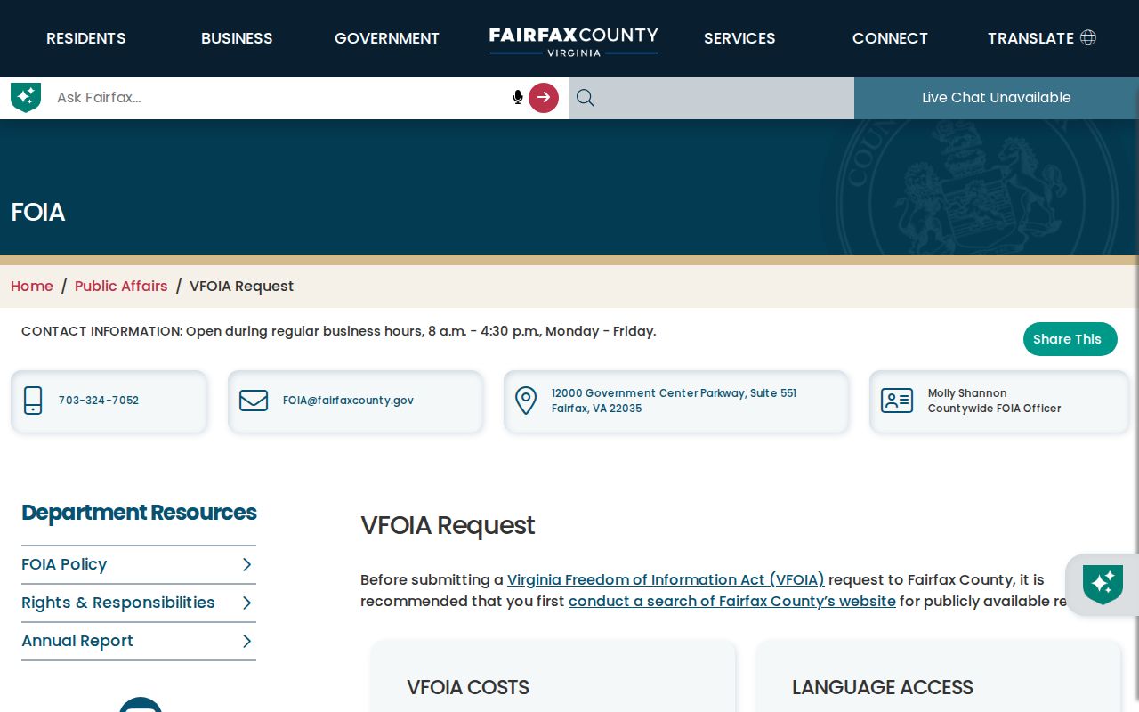 Tysons residents directory Fairfax County VFOIA request page