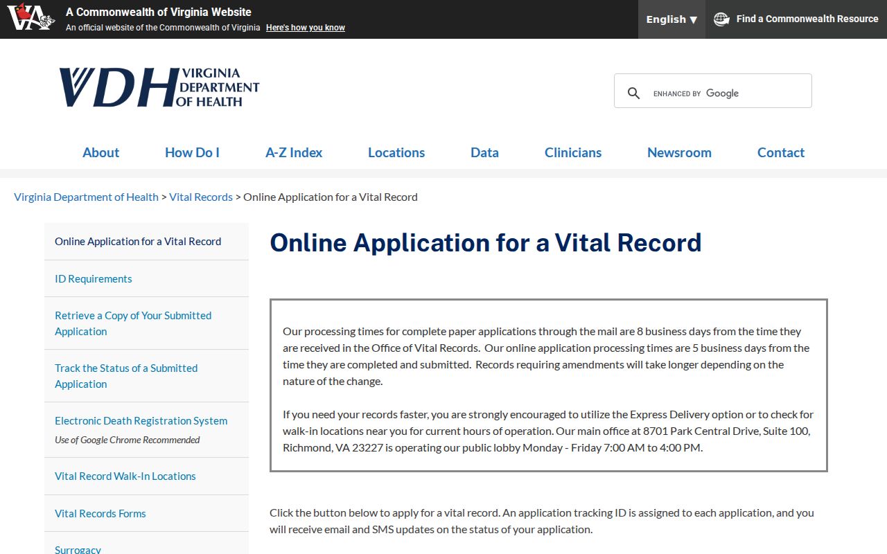 Tysons residents directory Virginia vital records application page