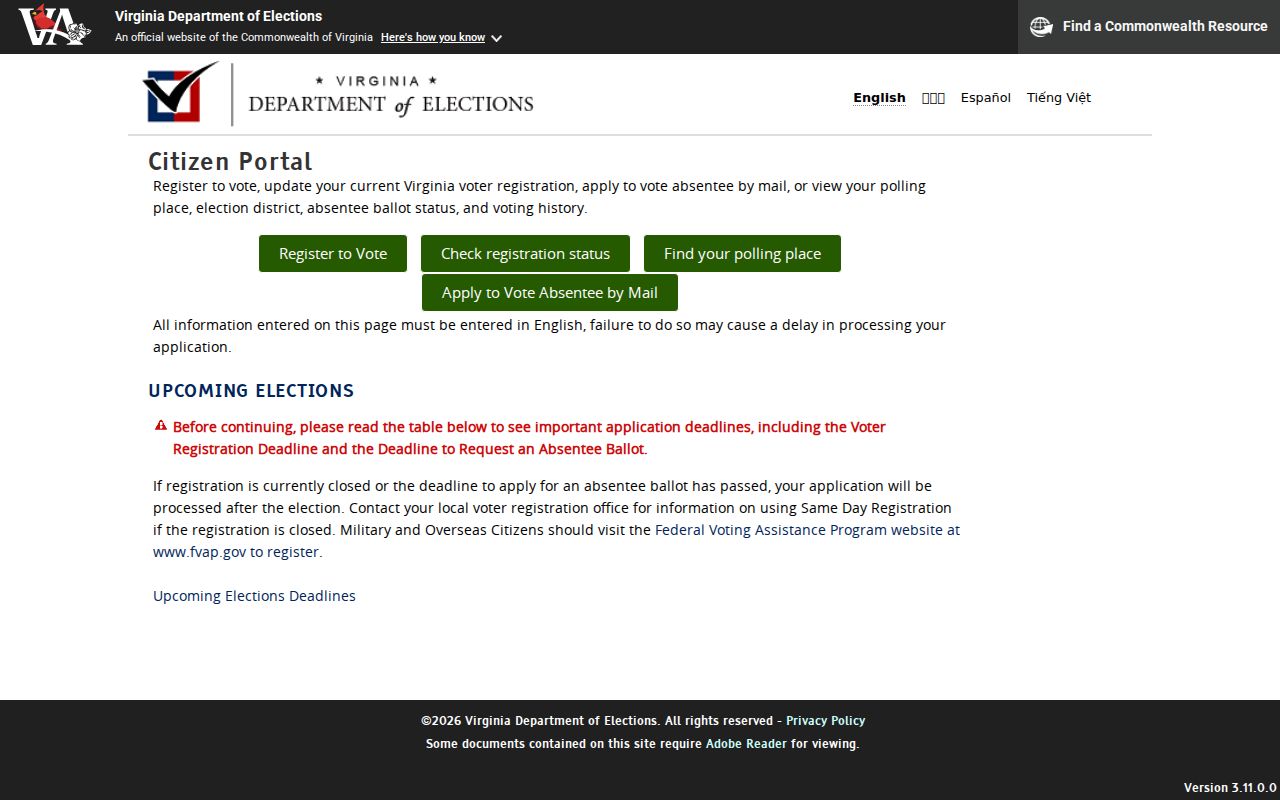 Tysons residents directory Virginia voter portal screen